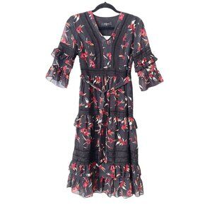 O.P.T Size M Floral Tiered Midi Dress Ruffle Sleeves Crochet Lace Flowy Formal